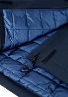 A navy blue insulated jacket interior features quilted lining and a zippered pocket. Includes a logo on the exterior.