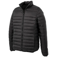 A black puffer jacket with a zippered front and a stand-up collar, featuring a logo on the chest.