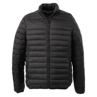 A black puffer jacket with a zip front and a stand-up collar. The jacket features a quilted design and has a logo.