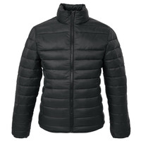 A black puffer jacket with a high collar and zip-up front, featuring a subtle logo on the chest.