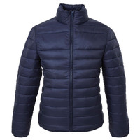 A navy puffer jacket featuring a zip front and a high collar, with a quilted design throughout the material.