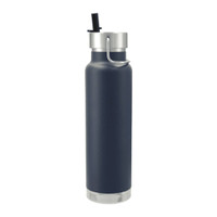 A drink bottle in navy blue with a stainless steel lid and straw, featuring a logo on the side.