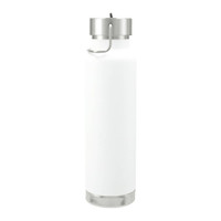 A drink bottle in white with a stainless steel lid and base, featuring a handle and a straw lid.