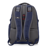 A grey and navy backpack featuring padded shoulder straps and a logo, designed for comfort and functionality.