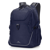 A navy blue backpack with adjustable straps, multiple compartments, and a logo. Suitable for various carrying needs.