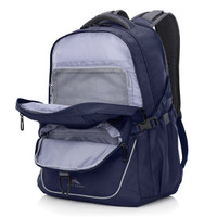 A navy blue backpack featuring multiple compartments, including a large front pocket and a logo.