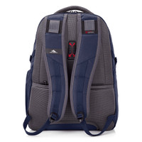 A navy and grey backpack featuring padded shoulder straps and a logo on the front.