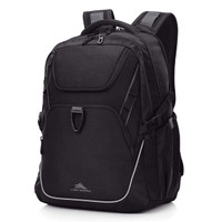 A black High Sierra Access 4.0 Backpack with multiple compartments and padded shoulder straps. It features a logo.