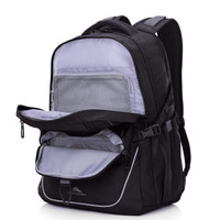 A black and grey backpack with multiple compartments and a logo is displayed.