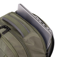 A green backpack containing a laptop in an internal sleeve. It features multiple zippered pockets.