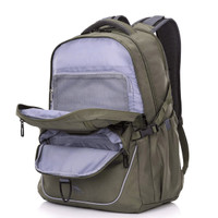 A green and grey backpack with multiple compartments and zippers. It features a logo on the front.