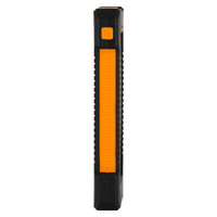 A solar power bank in black and orange, featuring a textured grip and a power button.