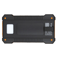 A solar power bank in black and orange, featuring a textured surface and a logo.