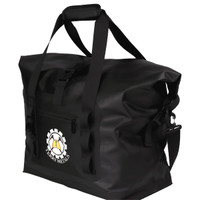 A large black roll-top cooler with dual handles, shoulder strap, and a small front pocket featuring a logo.