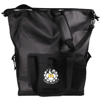 A soft roll-top cooler in black with a shoulder strap and a front pocket featuring a logo.