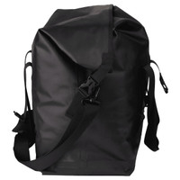 A black roll-top cooler with adjustable straps and buckles, featuring a sleek, waterproof design.