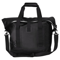 A black soft roll-top cooler bag with sturdy handles and a detachable shoulder strap. It features a logo.