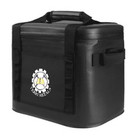 A black cooler bag featuring a logo, designed to hold up to 24 cans, with sturdy handles for easy transport.