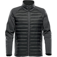 A men's hybrid jacket in dark grey with a quilted front and knit sleeves. Features a full zip and two side pockets.