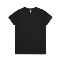 A black t-shirt displaying a classic crew neck design, featuring a logo on the tag.
