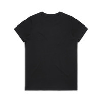 A black, short-sleeved T-shirt with a plain design and a logo on the back.