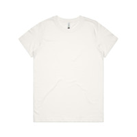 A plain white organic T-shirt with a crew neck and short sleeves, featuring a small logo.