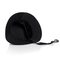 A black nylon wide brim bucket hat with an adjustable strap and a smooth interior.