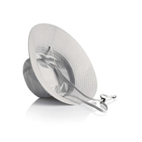 A wide-brim bucket hat in light grey, featuring a strap and a shiny interior, with a logo present.