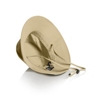 A beige nylon wide brim bucket hat with an adjustable strap and an internal lining. It features a brand logo.