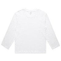 A white long-sleeve t-shirt with a crew neckline and a label inside, featuring a logo on the side.