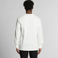 A long-sleeved white T-shirt is displayed from the back, featuring a simple design and a logo on the back.