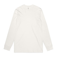 A long-sleeve organic T-shirt in white, featuring a logo on the neckline.