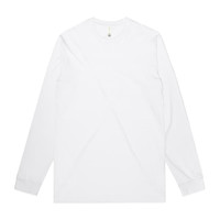 A long-sleeve white organic tee featuring a simple design and a logo on the neck label.