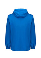 A blue unisex super light packable rain jacket with a hood and elastic cuffs, featuring a logo.