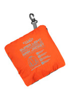 An orange, packable rain jacket folded neatly into a square shape with a clip. Features branding on the surface.