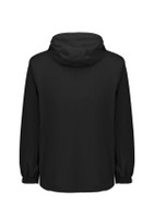 A black unisex super light packable rain jacket with a hood and elastic cuffs. It features a logo on the back.
