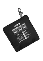A packable rain jacket in black, folded into a compact pouch with a clip, featuring a logo.