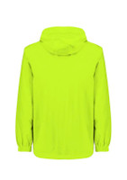 A bright yellow unisex packable rain jacket with a hood, featuring elastic cuffs and a clean design.