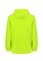 A bright yellow unisex packable rain jacket with a hood, featuring elastic cuffs and a clean design.