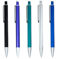 A set of five Molero Click Action Ballpoint Pens in black, purple, teal, silver, and blue with a clip and grip design.