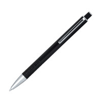 A black ballpoint pen with a click action mechanism and a silver tip, featuring a simple design and a clip.