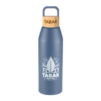 A drink bottle in blue with a bamboo lid and a logo, designed for reusable use.