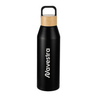 A drink bottle in matte black with a bamboo lid and a handle, featuring a logo on the side.