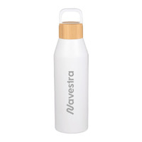 A drink bottle with a white body and bamboo lid, featuring a logo on the side. Holds 1 litre.
