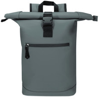 A grey roll-top backpack featuring a zippered front pocket and a secure buckle closure. Brand logo present.