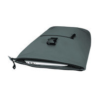 A grey roll-top backpack with a zippered compartment containing a laptop and an exterior pocket, featuring a logo.