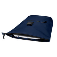 A navy recycled roll-top backpack with a zipper and clip closure, featuring a visible laptop compartment.