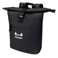 A black roll-top backpack with adjustable straps and a front zipped pocket, featuring a logo.