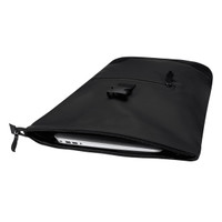 A black roll-top backpack with a zippered compartment, featuring a logo and a sleek design.