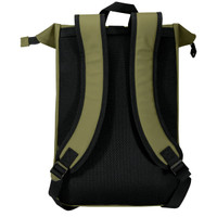 An olive green roll-top backpack featuring padded mesh shoulder straps and a top handle. It includes a logo.